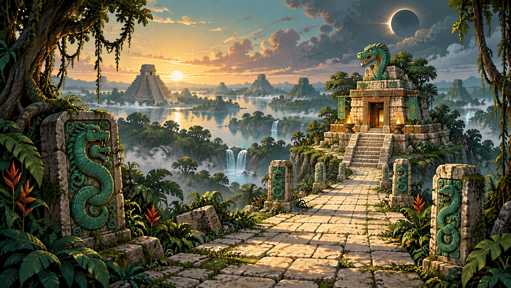 The white road runs through the jade-serpent kingdom at sunrise and eclipse