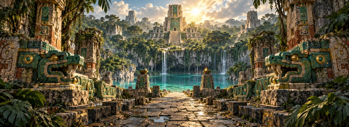 A jade-serpent road leads through jungle ruins toward a cenote and sunlit temple