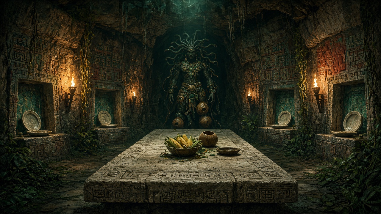 Feast of Empty Plates — four empty plates, one uninvited host