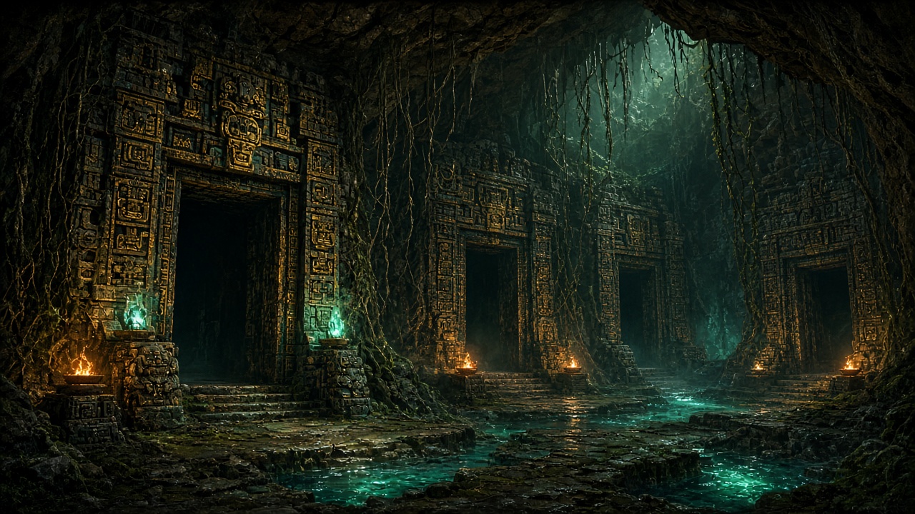 Five sealed Maya temple halls waiting in the dark