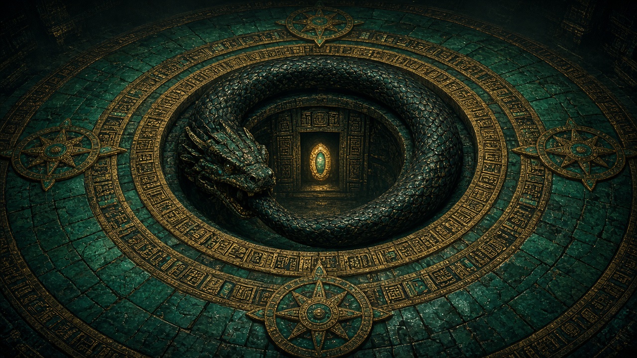 The Serpent That Eats Its Shadow — four compass plates, one hungry ring