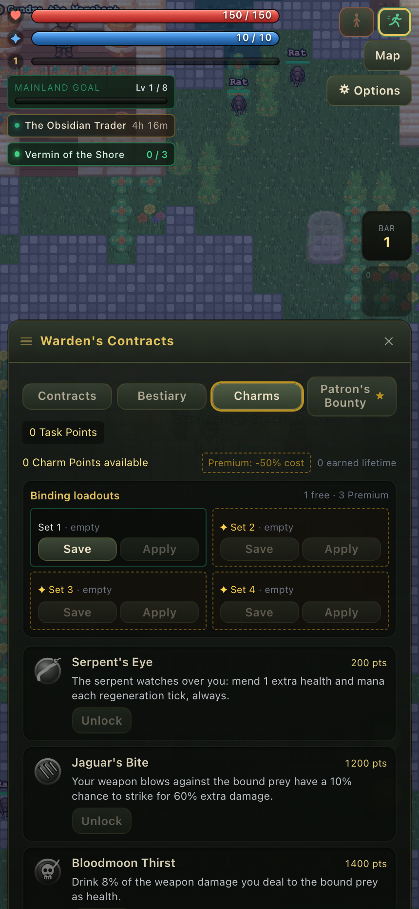 The Charms tab showing one free binding loadout and three Premium slots