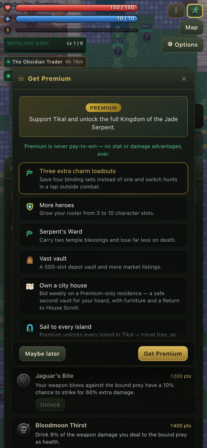 The in-game Premium dialog highlighting three extra charm loadouts