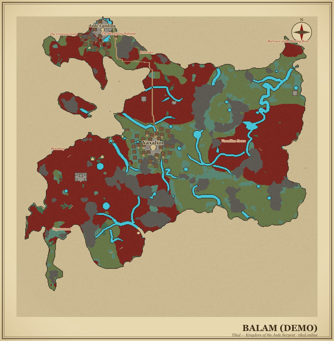 Parchment map of Balam with cities and hunting-zone names